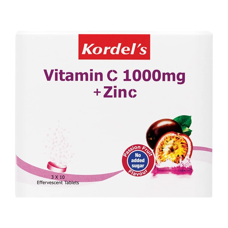 Kordel's Vitamin C 1000mg + Zinc Effervescent Passion Fruit Flavour 3 x 10's