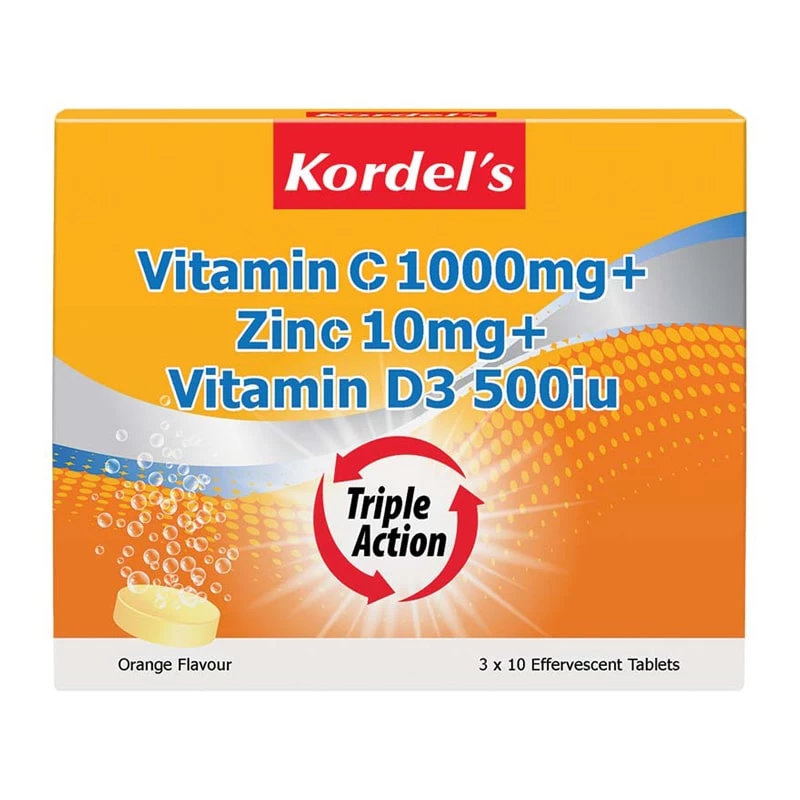 Kordel's Vitamin C 1000mg + Zinc + Vitamin D3 500iu Triple Action Effervescent Orange Flavour 3 x 10's