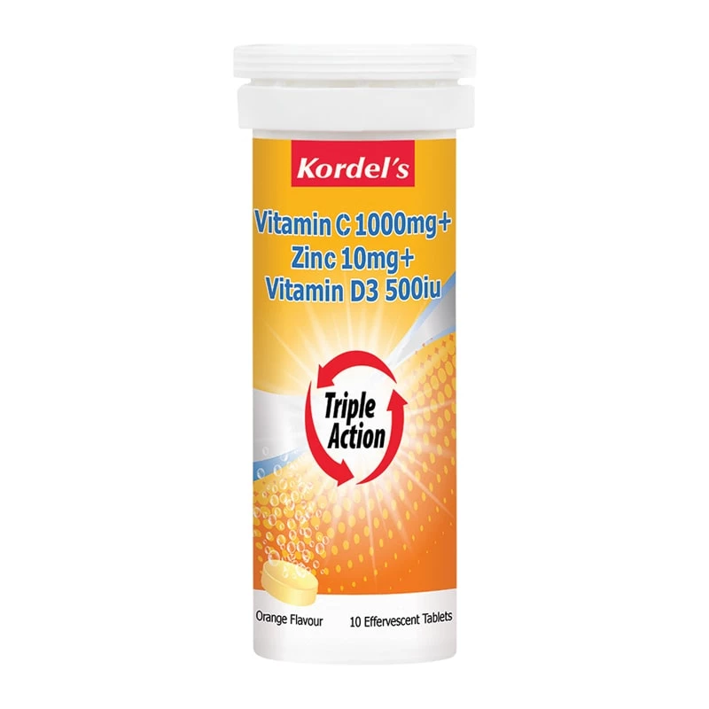 Kordel's Vitamin C 1000mg + Zinc + Vitamin D3 500iu Triple Action Effervescent Orange Flavour 10's