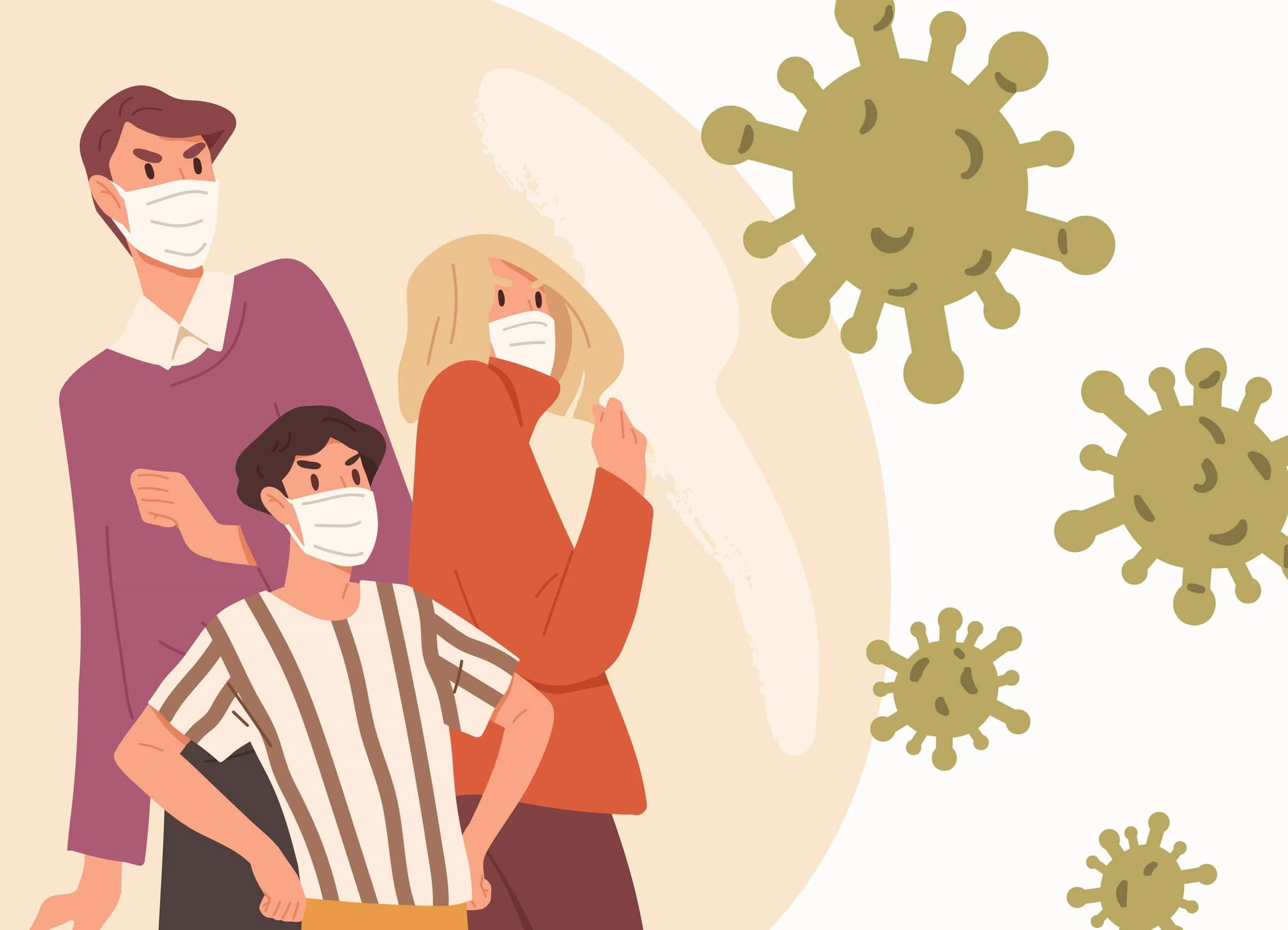 Two Men And One Lady Wearing Mask Fighting Off Viruses Vector