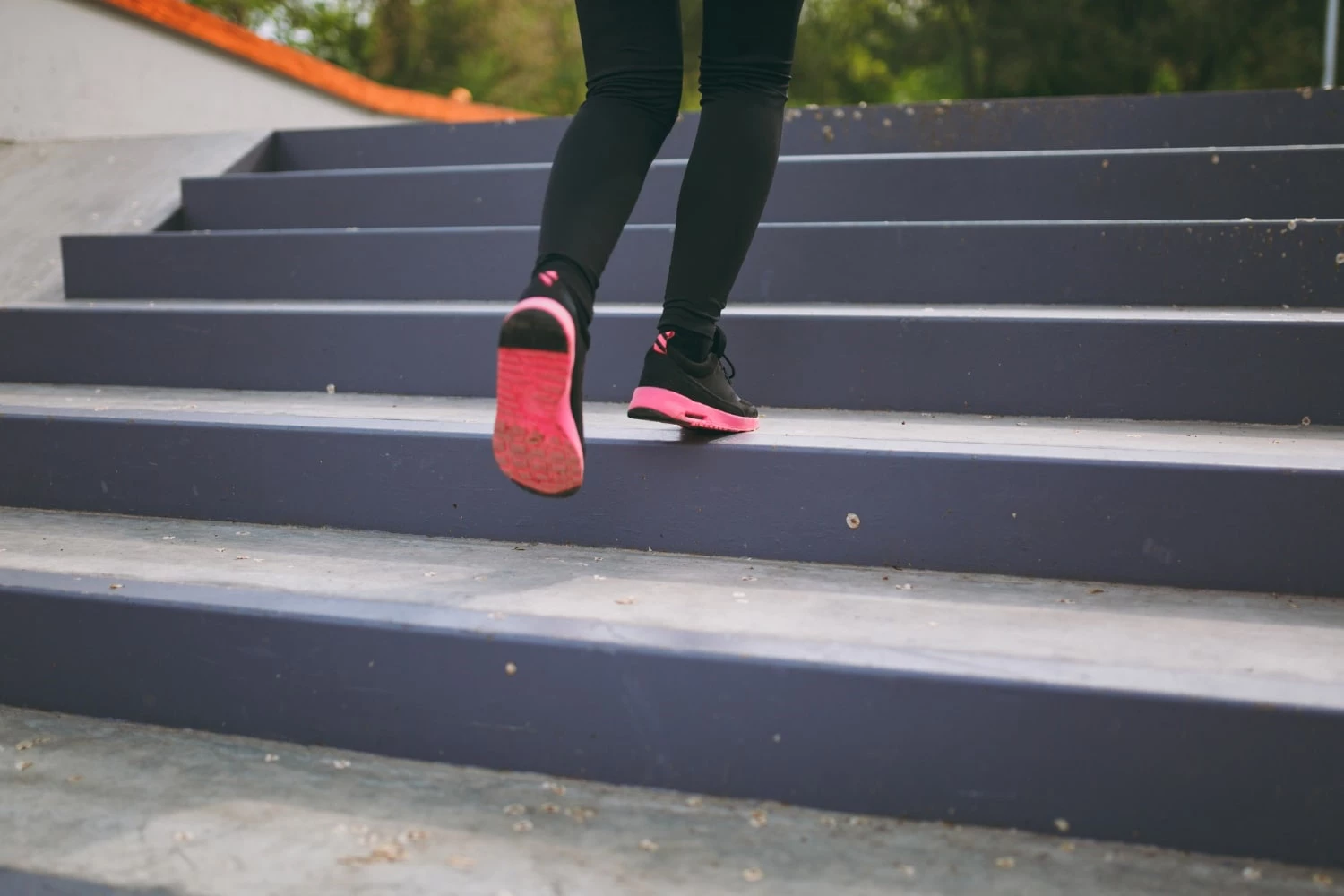 Cropped Close Up Woman Legs Sportswear Black Pink Sneakers Doing Sport Exercises Climbing Stairs Outdoors