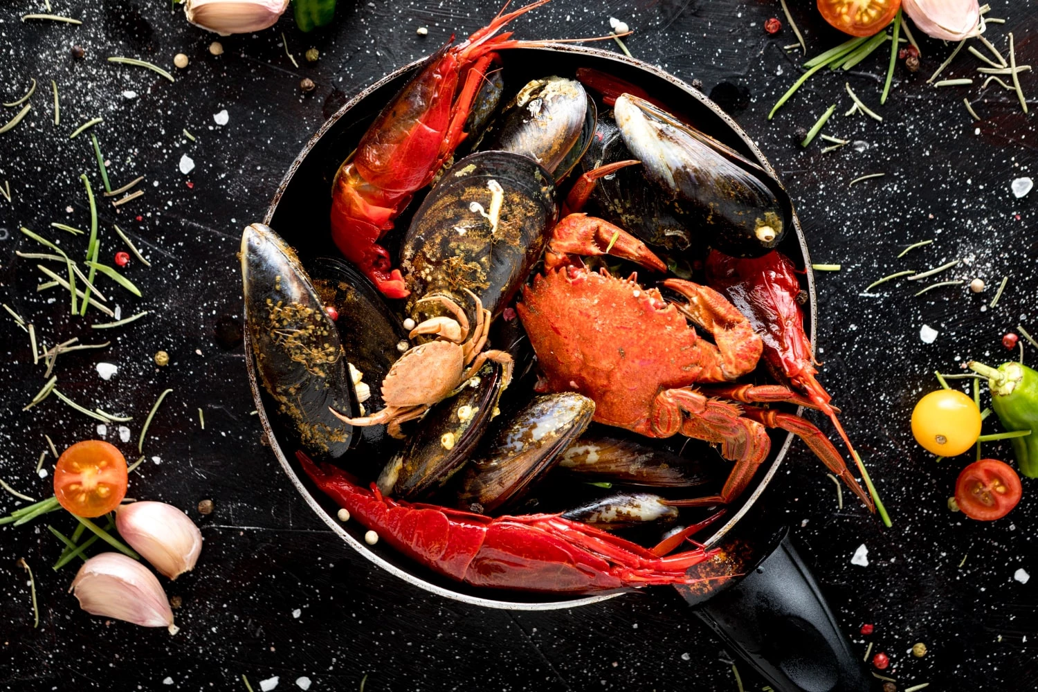 Top View Crab Mussels Pan With Shrimp