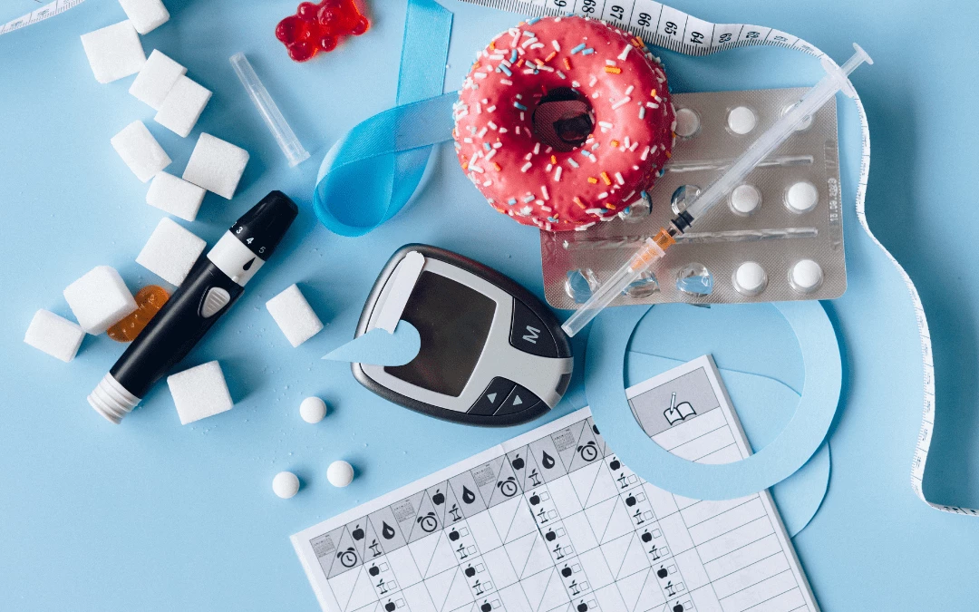Background Of Doughtnuts Sweets Candy Together With Insulin Pen Injection Glucometer Glucose Monitoring Sheets